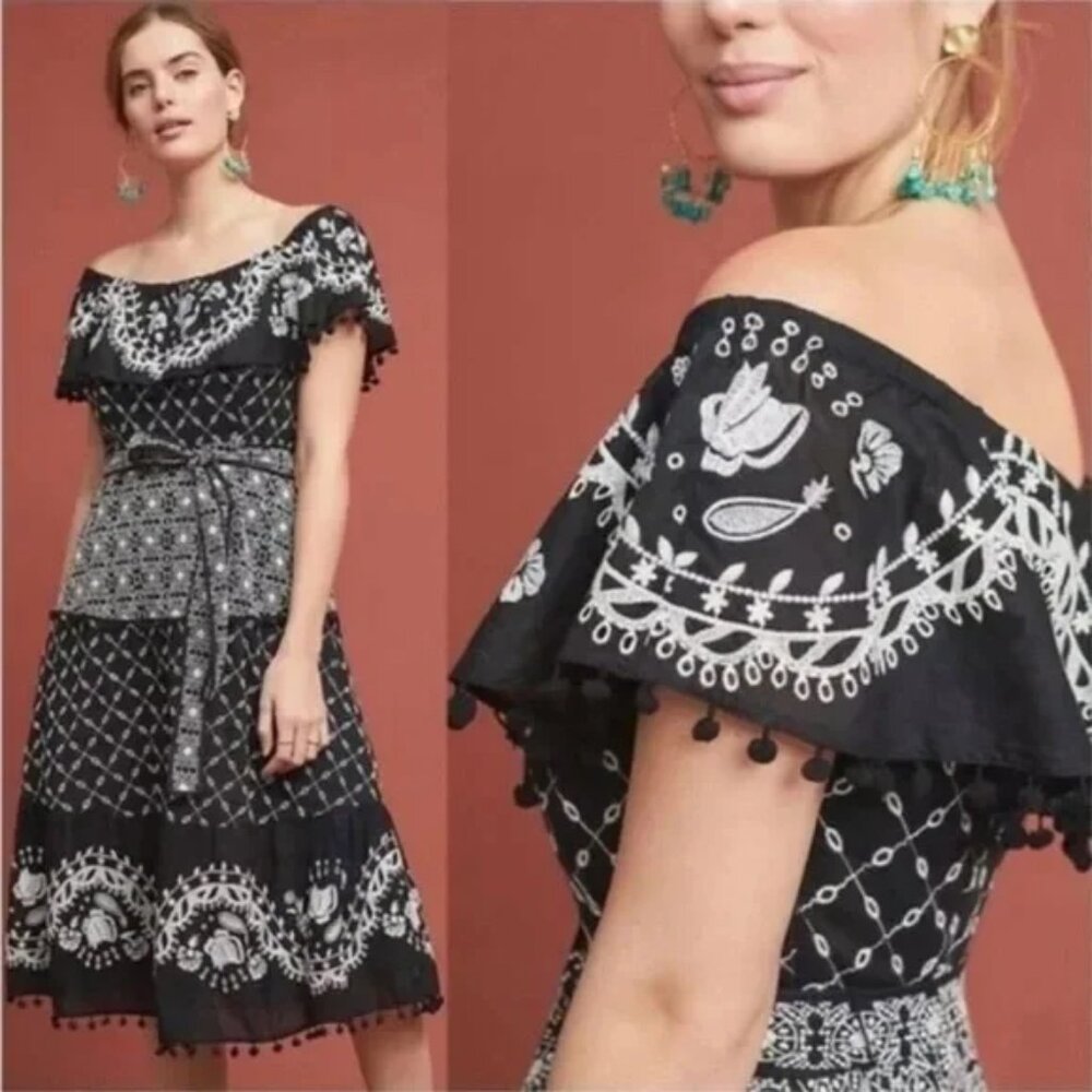 Anthropologie Marisol Dress, embroidered, off-shoulder, black & white SZ 8